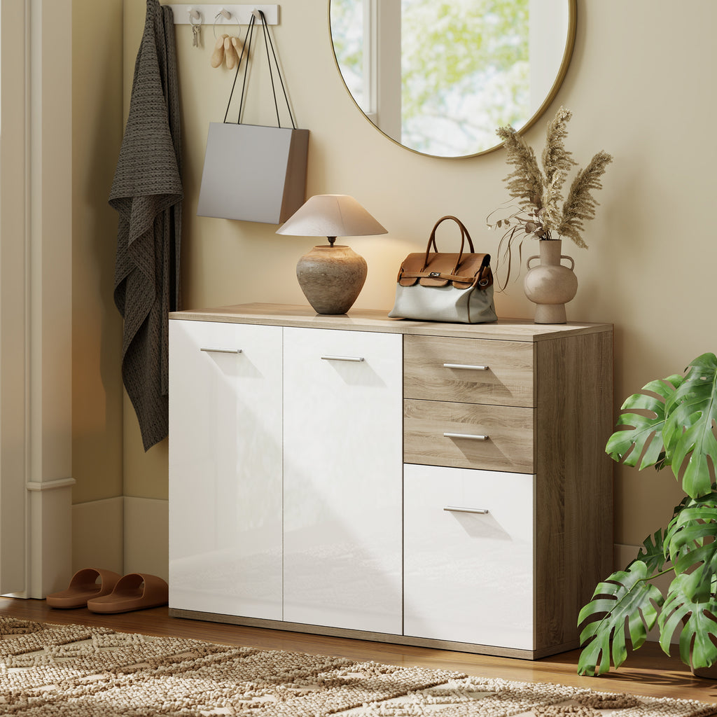 Buffet salon, meuble de rangement avec 2 tiroirs, 3 portes et étagère réglable, 106 x 35 x 76 cm, blanc et bois naturel-8