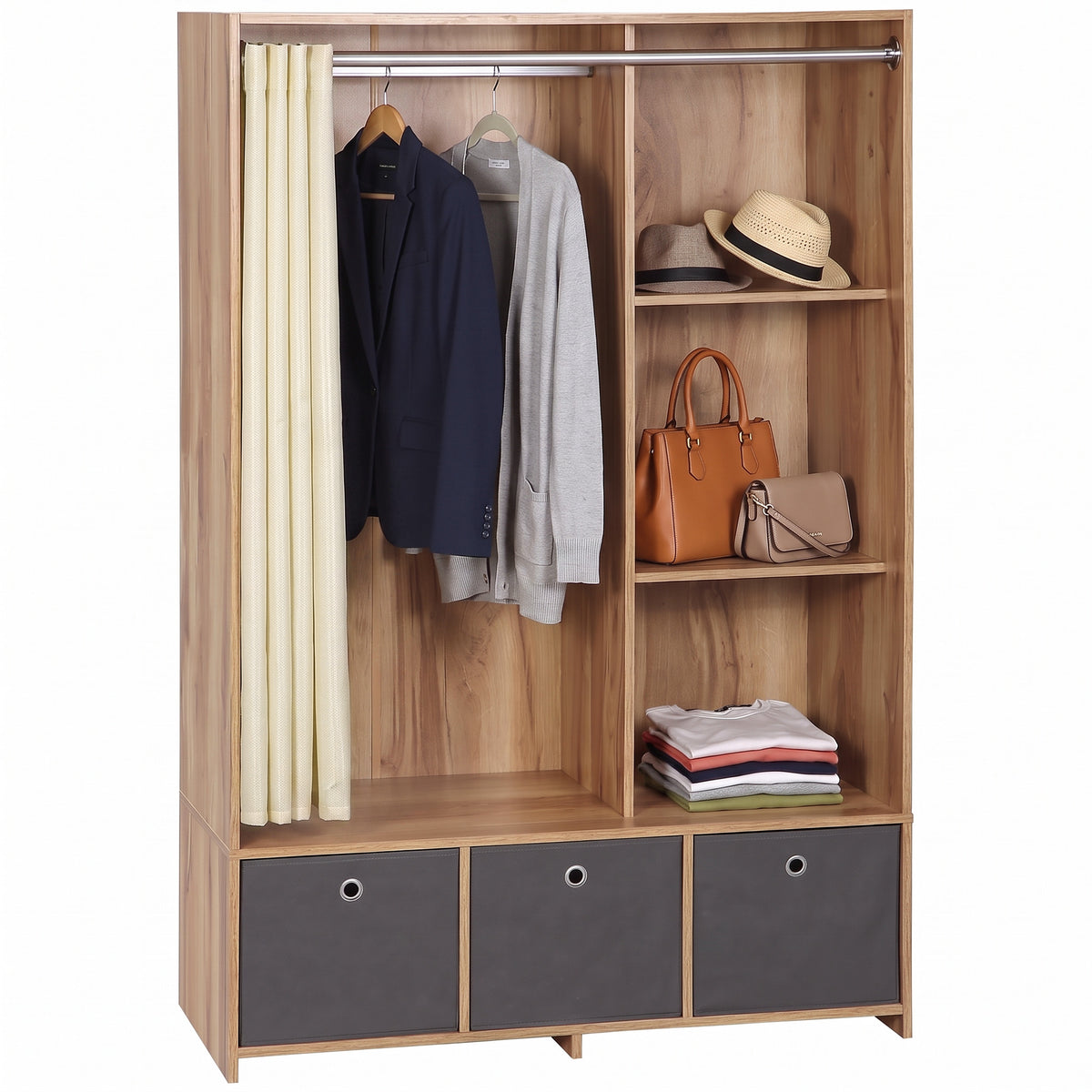 Armoire penderie armoire de rangement avec tringle rideaux 3 tiroirs en tissu amovibles 105 x 48 x 160 cm naturel-0
