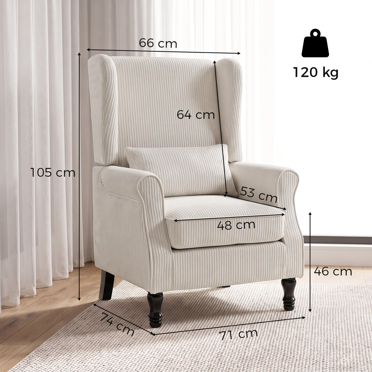 Fauteuil de Salon, Fauteuil d'Appoint Moderne en Velours Côtelé avec Haut Dossier à Oreilles, Coussin Lombaire, Beige-2