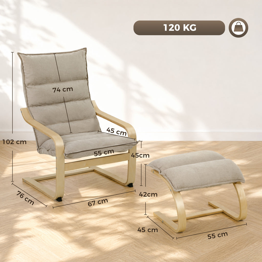 Fauteuil de Salon avec Repose-Pied, Fauteuil d'Appoint en Lin, Assise Large, Dossier Haut, Bascule Douce, Beige-2