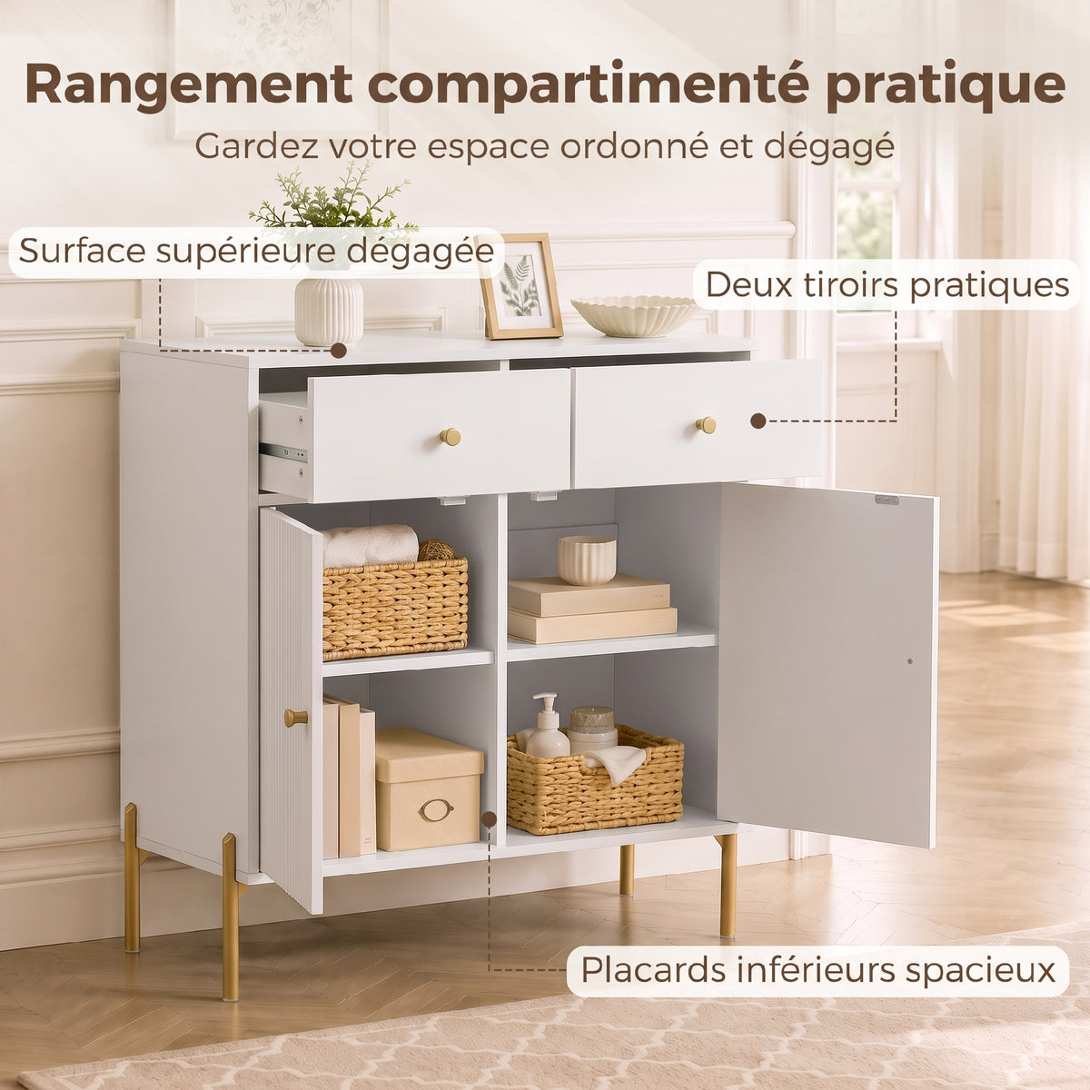 Buffet Salon, Meuble de Rangement avec 2 Portes, 2 Tiroirs, Étagères Réglables et Pieds en Métal, 80 x 39 x 86 cm, Blanc-3