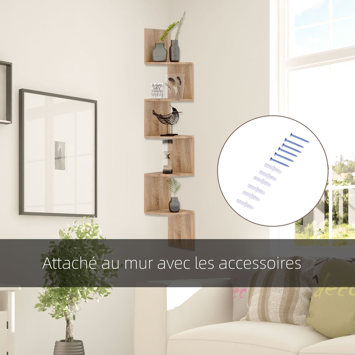 Étagère d'angle Murale de Rangement Forme Zigzag 20L x 20l x 126H cm 5 Niveaux Bois chêne Clair-5