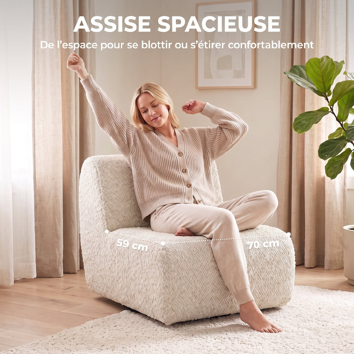 Fauteuil de salon pivotant 360°, canapé 1 place rembourré en chenille avec assise extra-large, rembourrage épais, beige-4