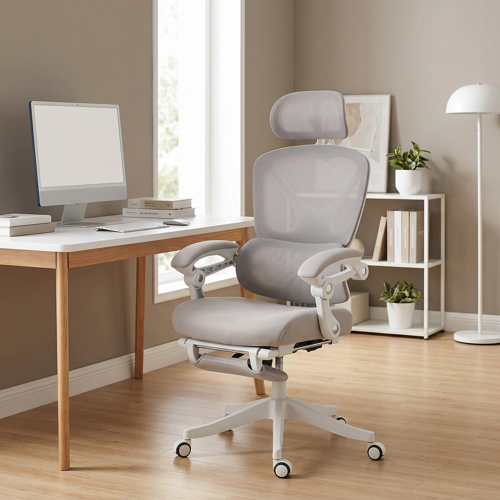 Chaise Bureau Ergonomique avec Appui-Tête Réglable, Fauteuil de Bureau Inclinable en Maille, Dossier Séparé, Gris-9