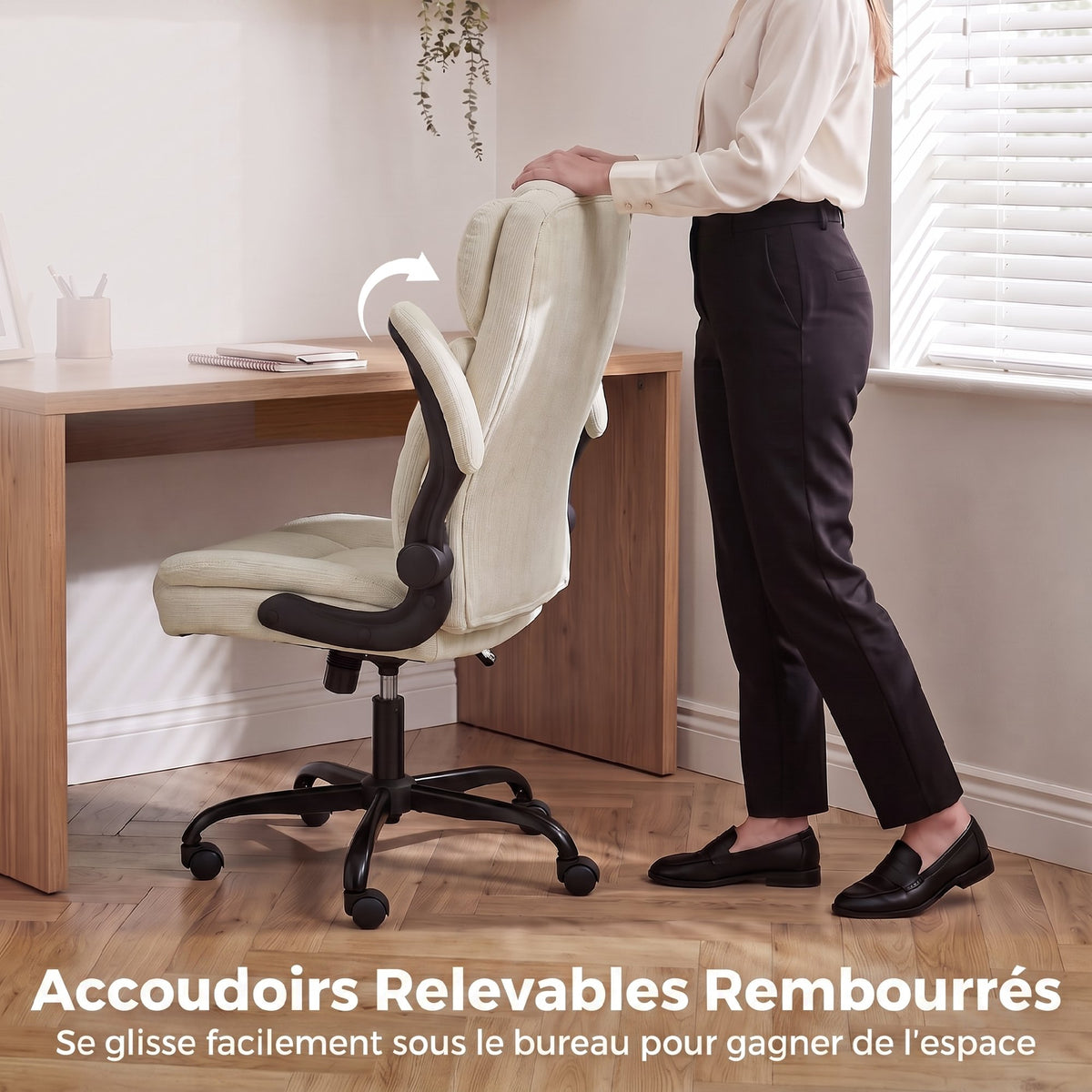 Chaise de Bureau Ergonomique en Chenille, Fonction Bascule, Accoudoirs Relevables, Hauteur Réglable, 70x67x108cm, Beige-5