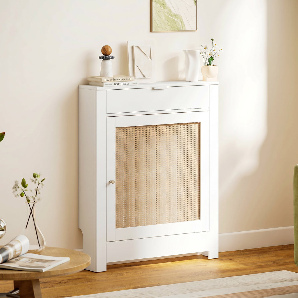 Cache-Radiateur avec Placard Rabattable et Porte en Rotin, Couvercle de Radiateur en Bois avec Compartiment, Blanc-8