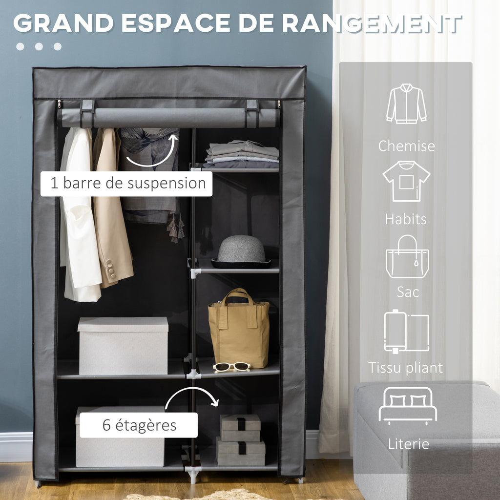Armoire penderie multi-rangement - 6 étagères, 1 barre - non tissé gris-3