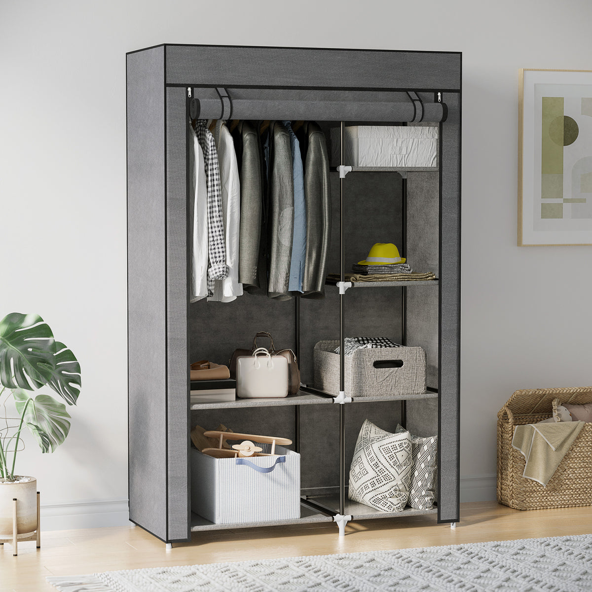 Armoire penderie multi-rangement - 6 étagères, 1 barre - non tissé gris-1