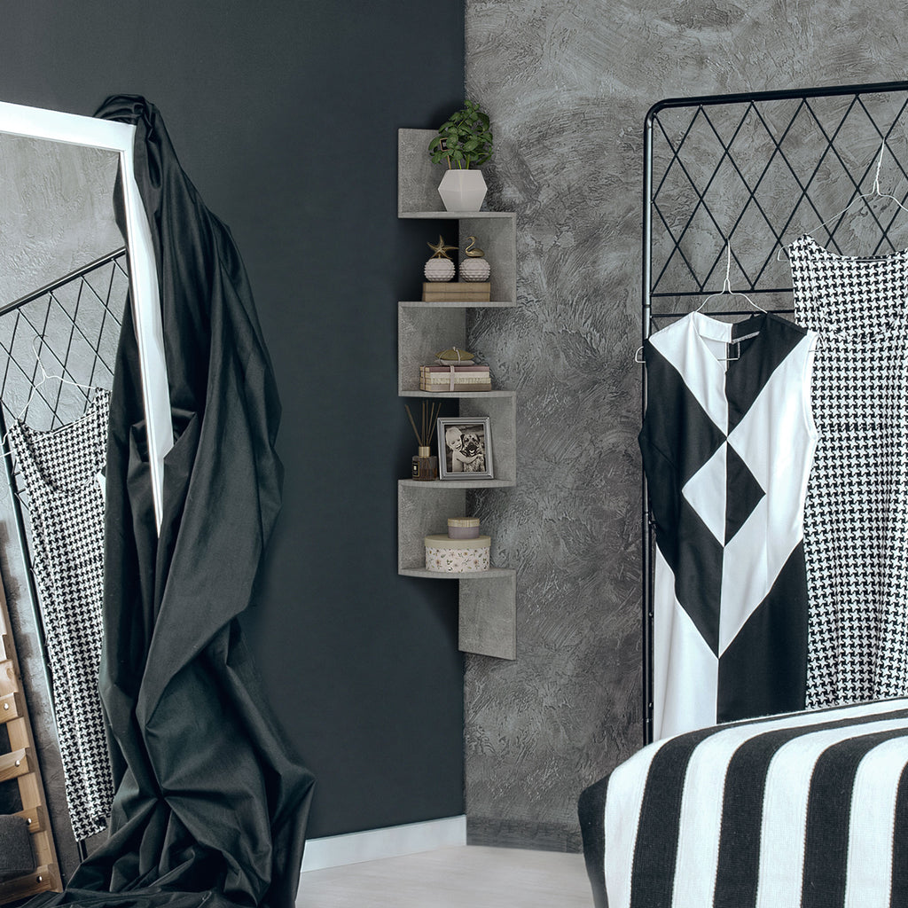 Étagère d'angle Murale de Rangement Forme Zigzag 20L x 20l x 126H cm 5 Niveaux Bois Gris-8