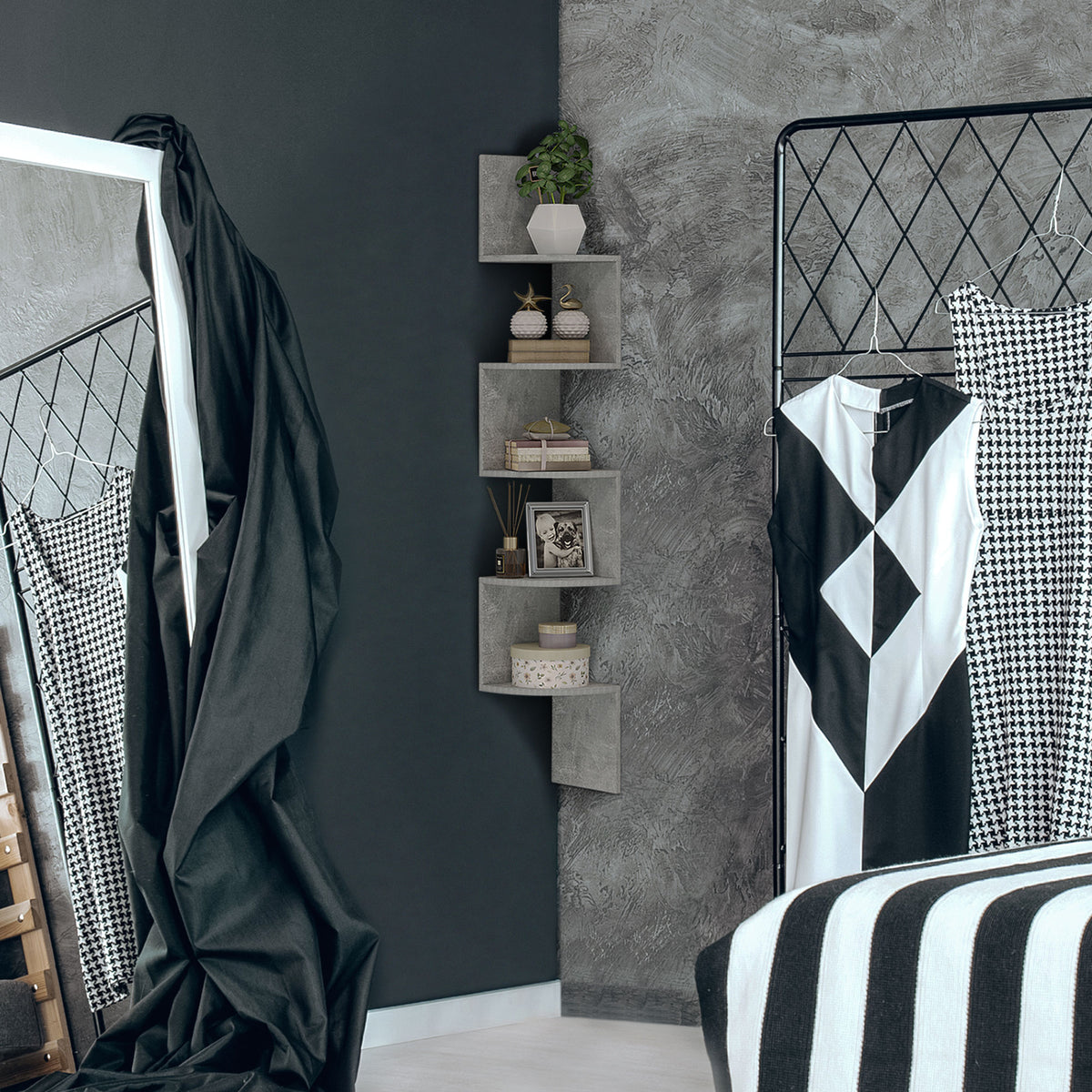 Étagère d'angle Murale de Rangement Forme Zigzag 20L x 20l x 126H cm 5 Niveaux Bois Gris-8