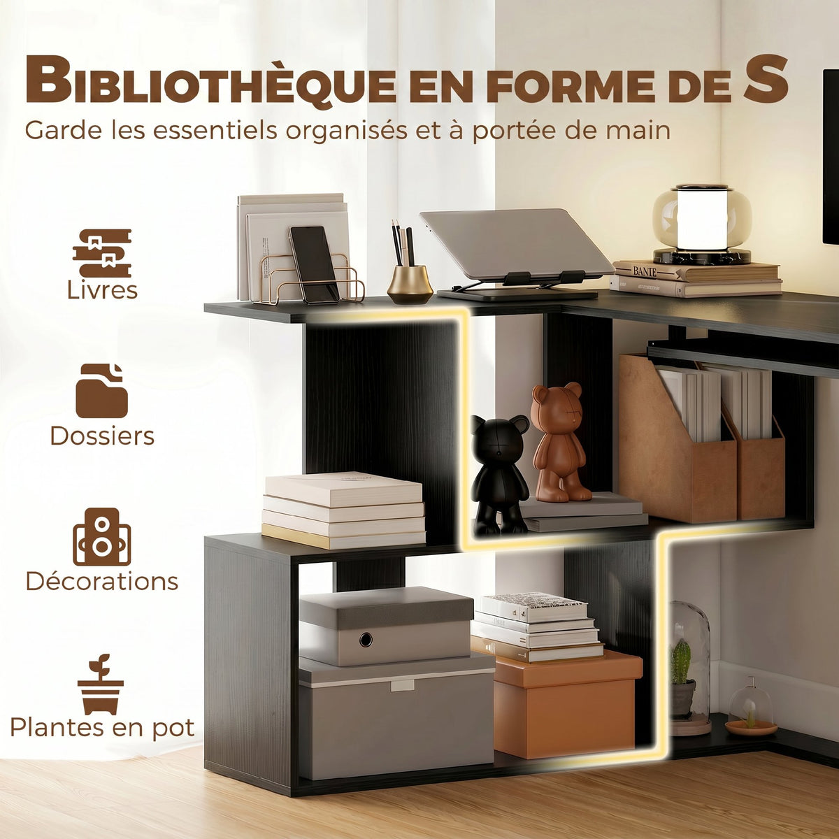 Bureau d'Angle, 120 x 100 x 76 cm, Bureau Informatique en L avec Plateau de Clavier, 4 Compartiments Ouverts, Noir-4