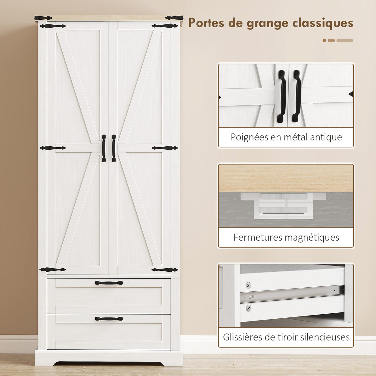 Buffet haut cuisine, armoire de cuisine avec 2 portes, 2 tiroirs, étagères réglables, style rustique, 76x40x180cm, blanc-4