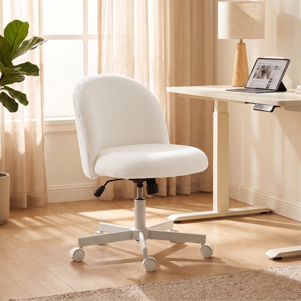 Chaise de Bureau Ergonomique, Fauteuil de Bureau Inclinable en Tissu Bouclette Sans Accoudoirs, Hauteur Réglable, Crème-9