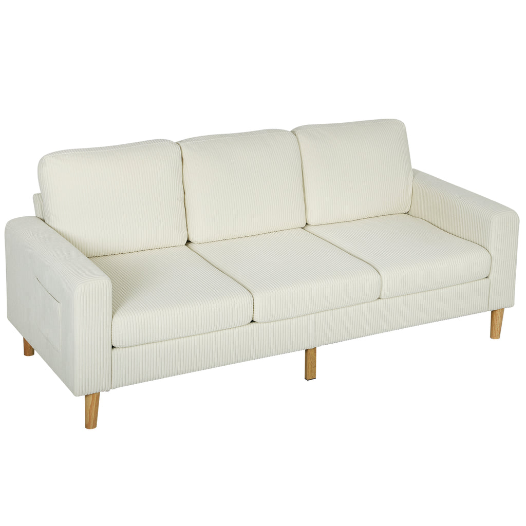 Canapé 3 places en velours côtelé, canapé avec coussins à ressorts et assise rembourré, 192x80x84,5cm, beige-0