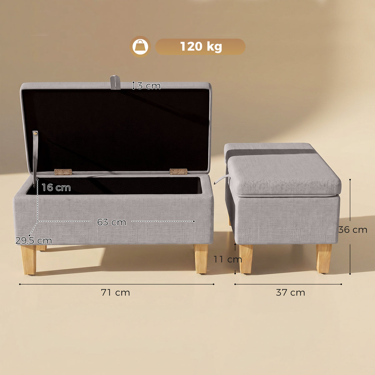 Banc de rangement, bout de lit, repose-pieds rembourré en lin avec pieds en bois de caoutchouc, 71x37x36cm, gris clair-2