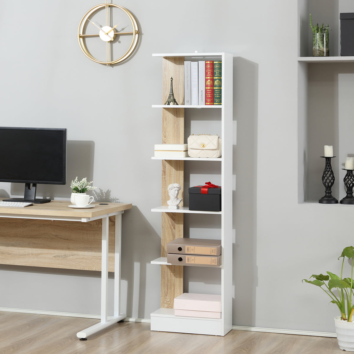 Bibliothèque Étagère de Rangement avec 5 Compartiments Ouverts Design Simple Moderne Blanc et Chêne-6