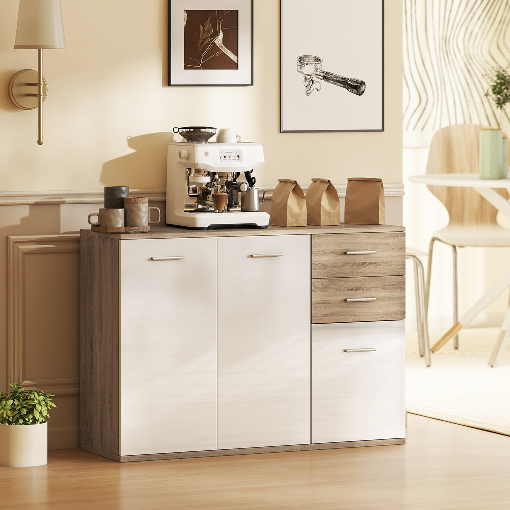 Buffet salon, meuble de rangement avec 2 tiroirs, 3 portes et étagère réglable, 106 x 35 x 76 cm, blanc et bois naturel-7