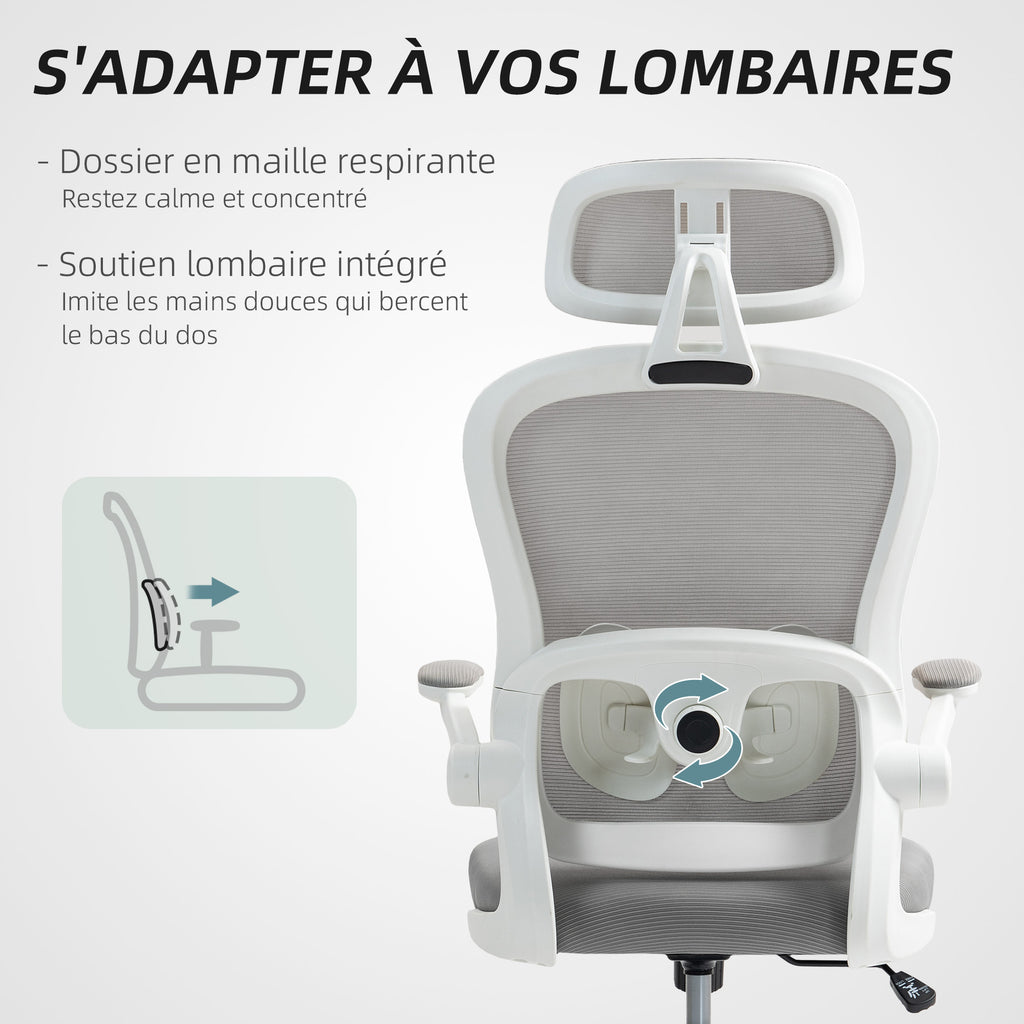 Chaise Bureau Ergonomique, Fauteuil de Bureau en Maille avec Accoudoirs Rabattables, Hauteur Réglable, 64x62x115cm, Gris-4
