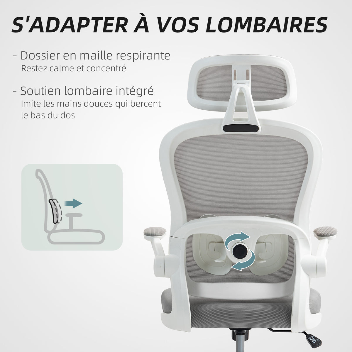 Chaise Bureau Ergonomique, Fauteuil de Bureau en Maille avec Accoudoirs Rabattables, Hauteur Réglable, 64x62x115cm, Gris-4