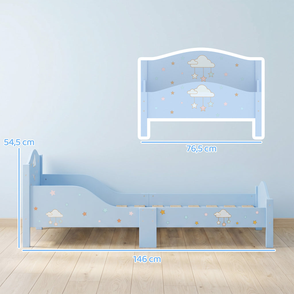Lit Enfant 70 x 140 cm, Lit pour Enfant avec Barrière de Sécurité et Sommier à Lattes en Bois, Motif Nuage, Bleu-2