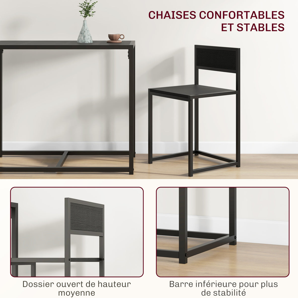 Ensemble table et chaises , table à manger 3 pièces avec 2 chaises encastrables, pour cuisine salon maison, noir-5