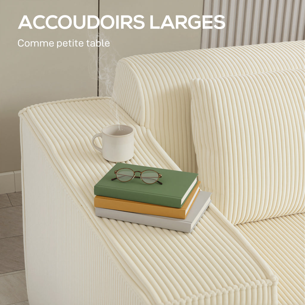 Canapé 3 places en velours côtelé, canapé rembourré, larges accoudoirs, 2 coussins, pas de montage, 202x90x76cm, beige-6
