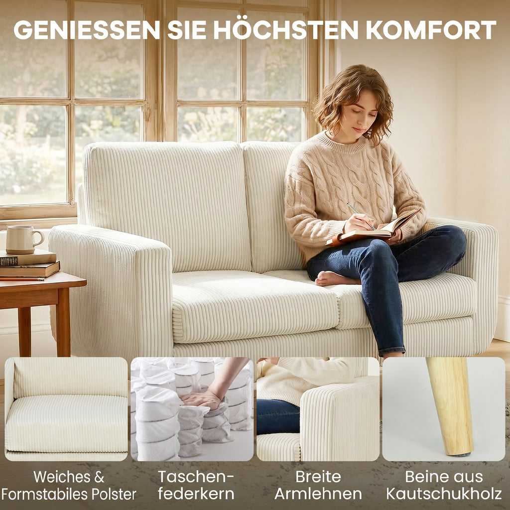Canapé 2 places en velours côtelé, canapé de salon moderne 134 cm, assise rembourrée, coussin à ressorts, crème-3