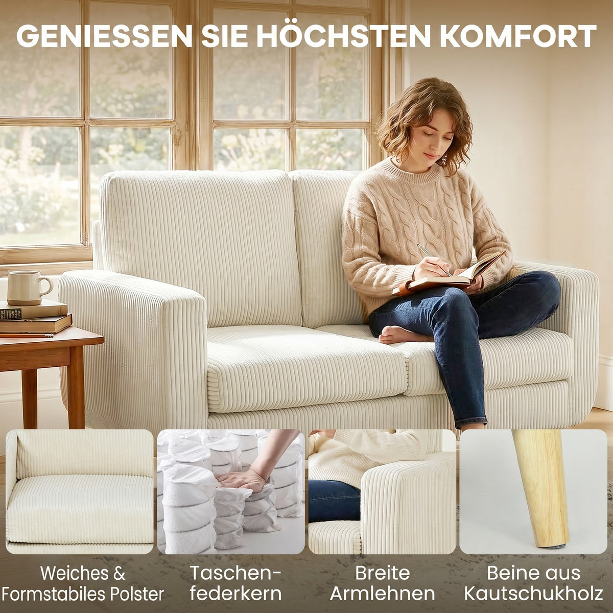 Canapé 2 places en velours côtelé, canapé de salon moderne 134 cm, assise rembourrée, coussin à ressorts, crème-3