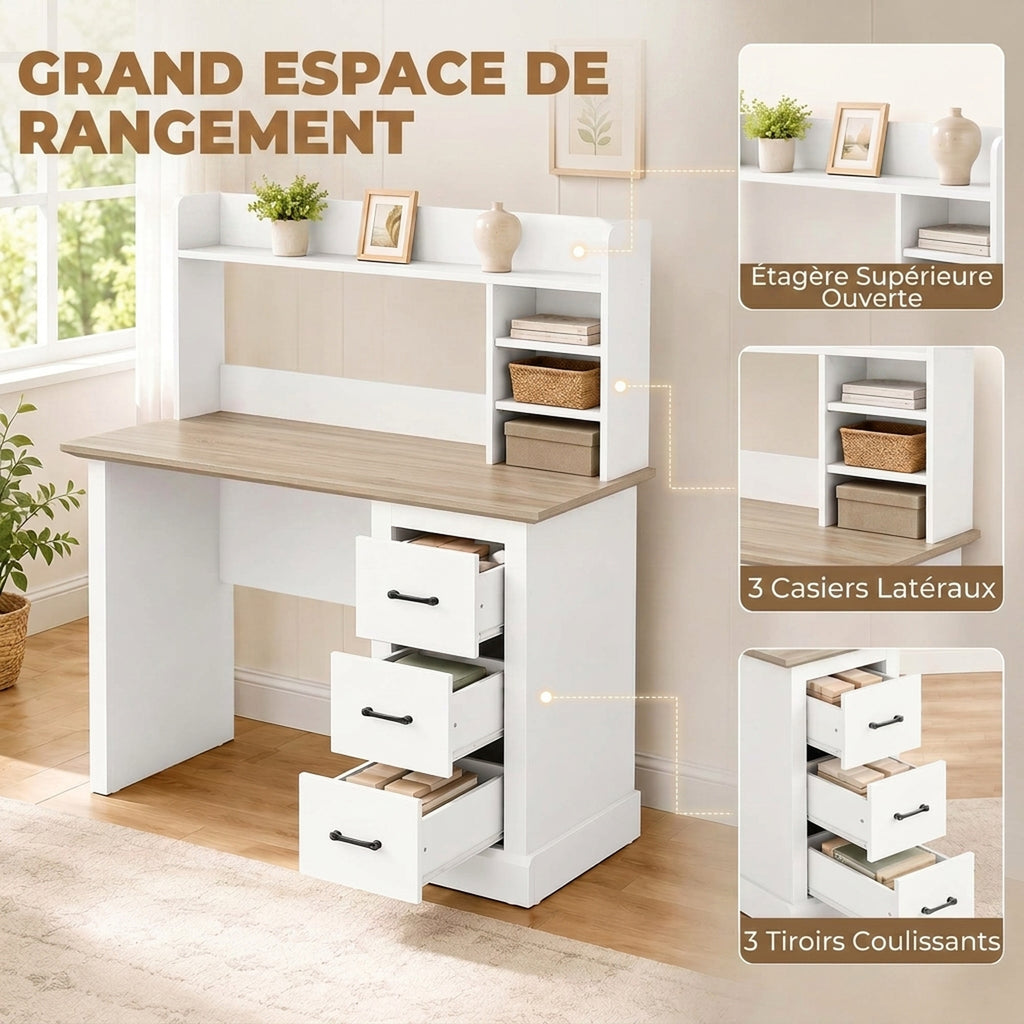 Bureau Informatique avec 3 Tiroirs, 120x55cm, Bureau avec Rangement, Étagères Ouvertes et Large Plateau, Chêne et Blanc-3
