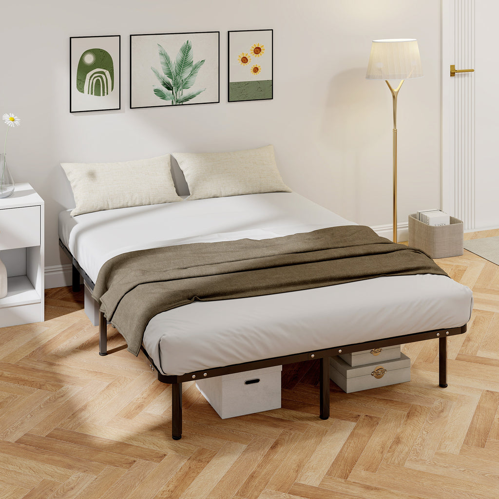 Cadre de lit 140 x 190 cm, lit 2 personnes en bois massif avec sommier à lattes et pied, rangement au-dessous, noir-1