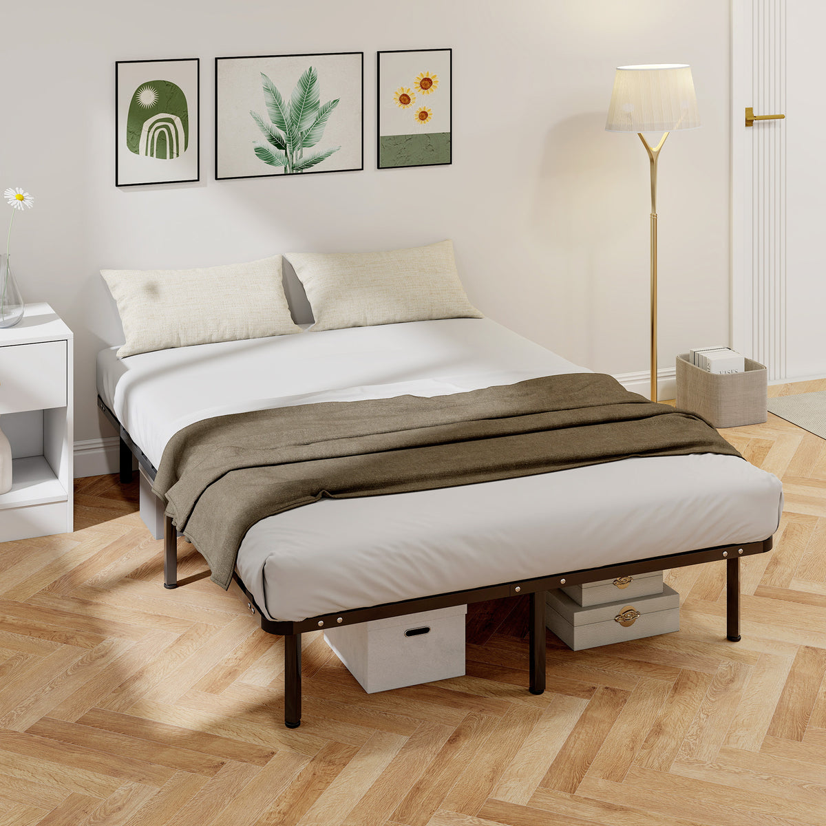 Cadre de lit 140 x 190 cm, lit 2 personnes en bois massif avec sommier à lattes et pied, rangement au-dessous, noir-1
