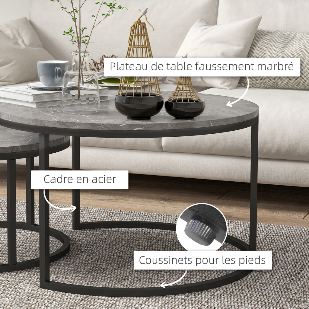 Lot de 2 tables basses gigognes empilable design industriel plateau imitation ciment pieds en métal gris-5