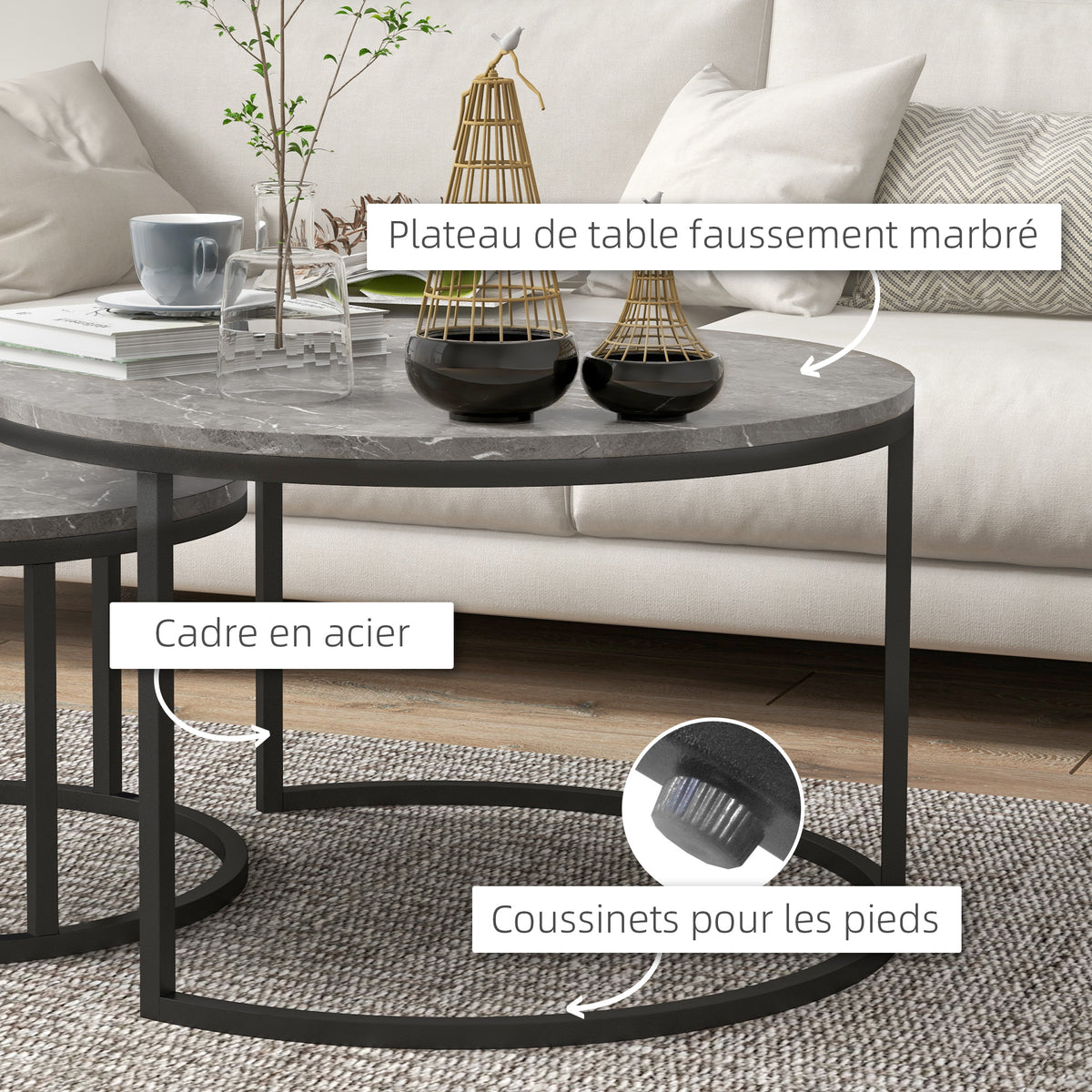Lot de 2 tables basses gigognes empilable design industriel plateau imitation ciment pieds en métal gris-5