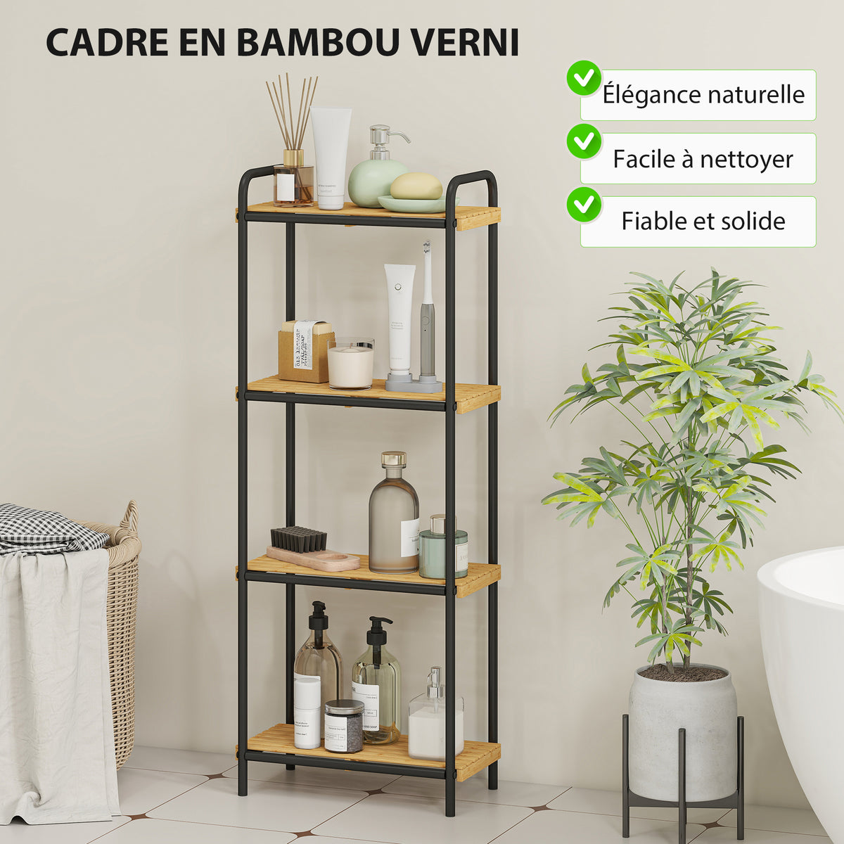 Étagère salle de bain étagère de rangement 4 niveaux étroite autoportante bambou 1,5 x 21,5 x 106 cm effet bois naturel-4