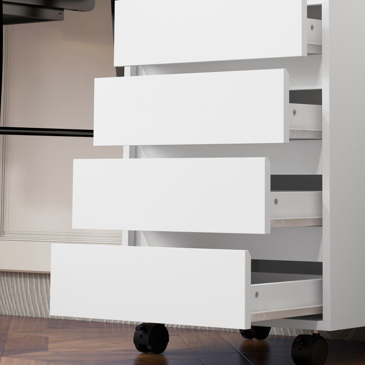 Caisson de bureau rangement bureau sur roulettes 4 tiroirs coulissants en bois aspect bois blanc-7
