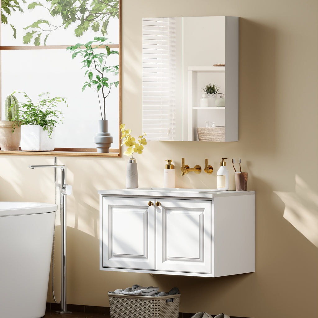 Armoire avec Miroir en Bois Rangement Salle de Bain Fermeture Porte Tampon MDF-7