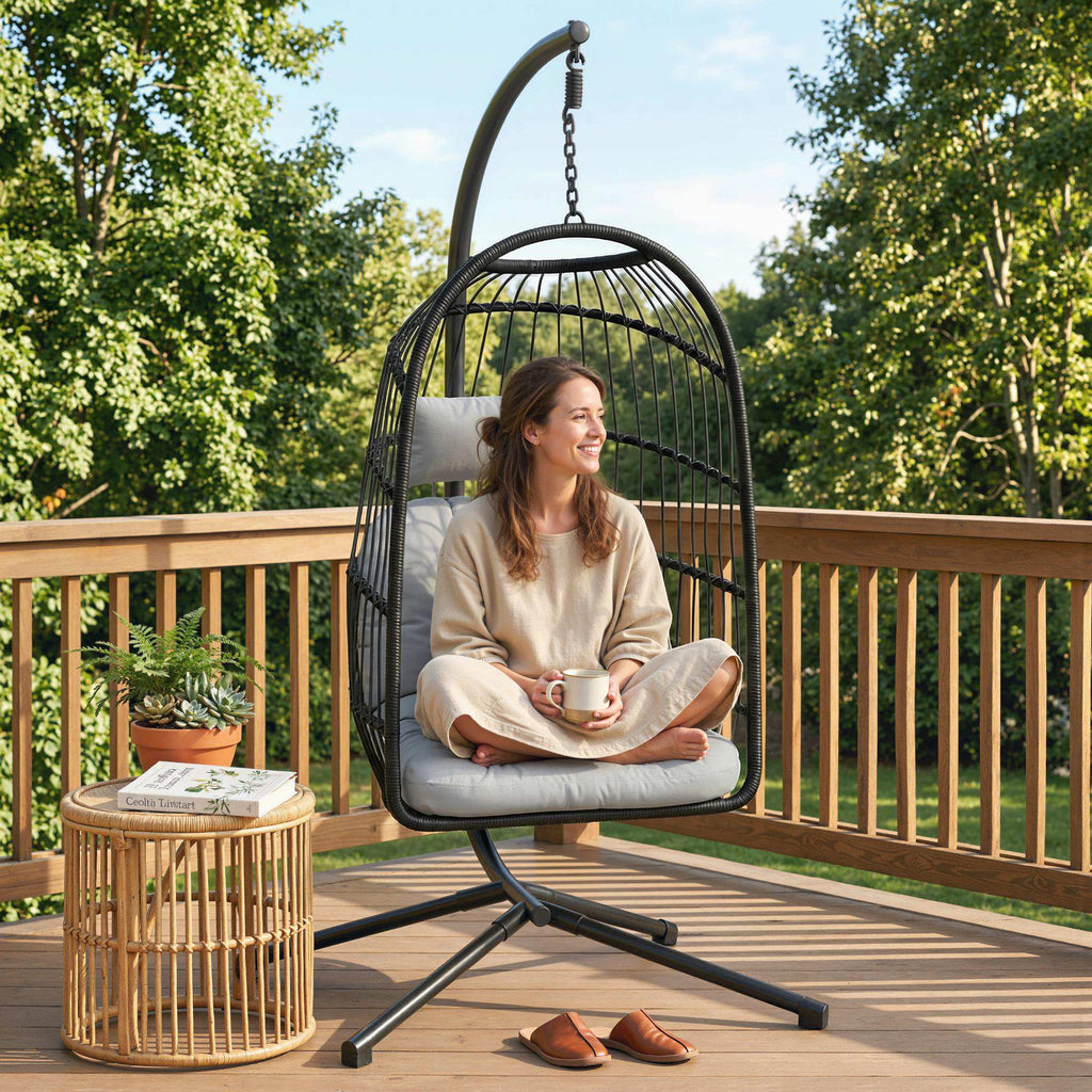 Fauteuil Œuf Suspendu Pliable avec Support Coussin 15cm et Appui-tête Gain de Place Résine Tressée 101x105x196cm Gris-7