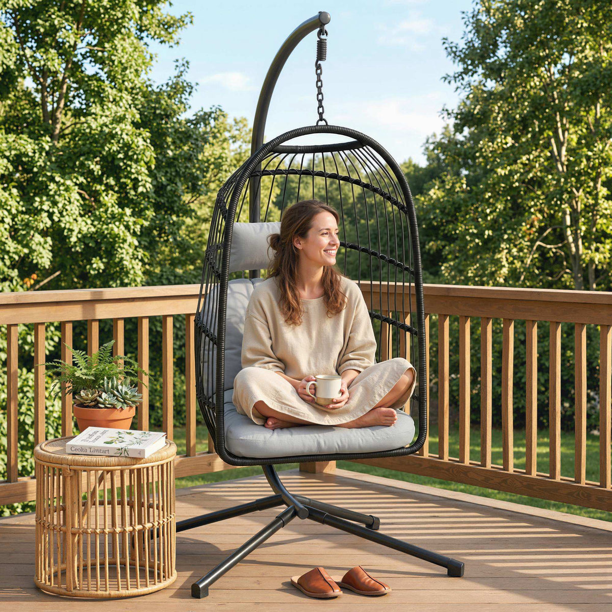 Fauteuil Œuf Suspendu Pliable avec Support Coussin 15cm et Appui-tête Gain de Place Résine Tressée 101x105x196cm Gris-7