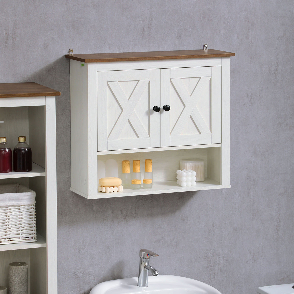 Armoire murale, armoire salle de bain avec placard à portess et compartiment ouvert, dim. 60 x 19,5 x 52,5 cm, blanc-9