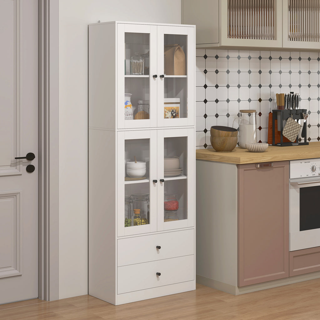 Buffet haut cuisine, armoire de cuisine avec portes vitrées, tiroirs et étagères réglables, 59x30x170cm, blanc brillant-1