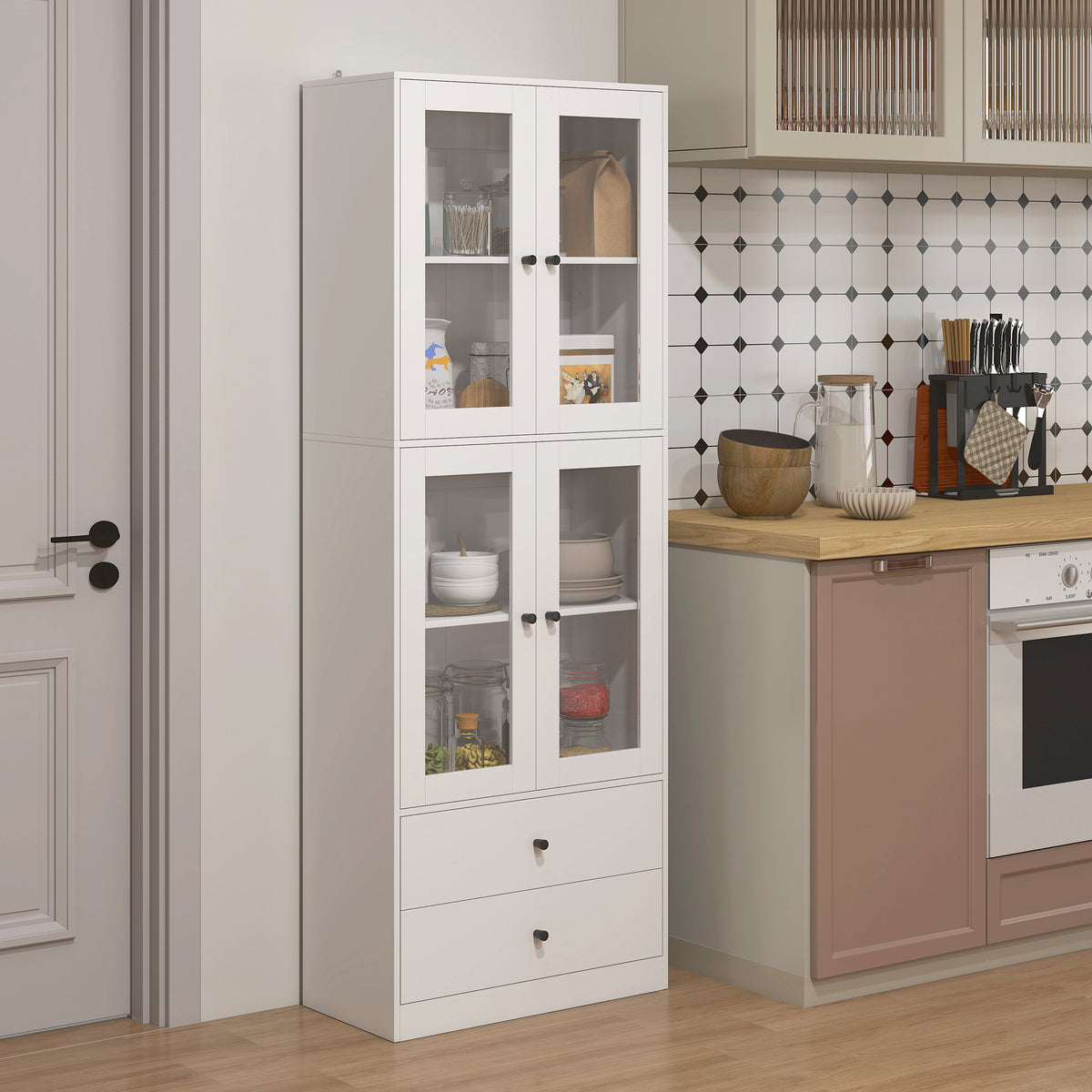Buffet haut cuisine, armoire de cuisine avec portes vitrées, tiroirs et étagères réglables, 59x30x170cm, blanc brillant-1
