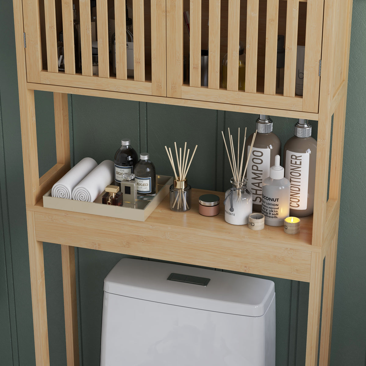 Étagère de toilettes meuble de salle de bain dessus toilette WC avec placard 2 portes et étagère ouverte bambou-9
