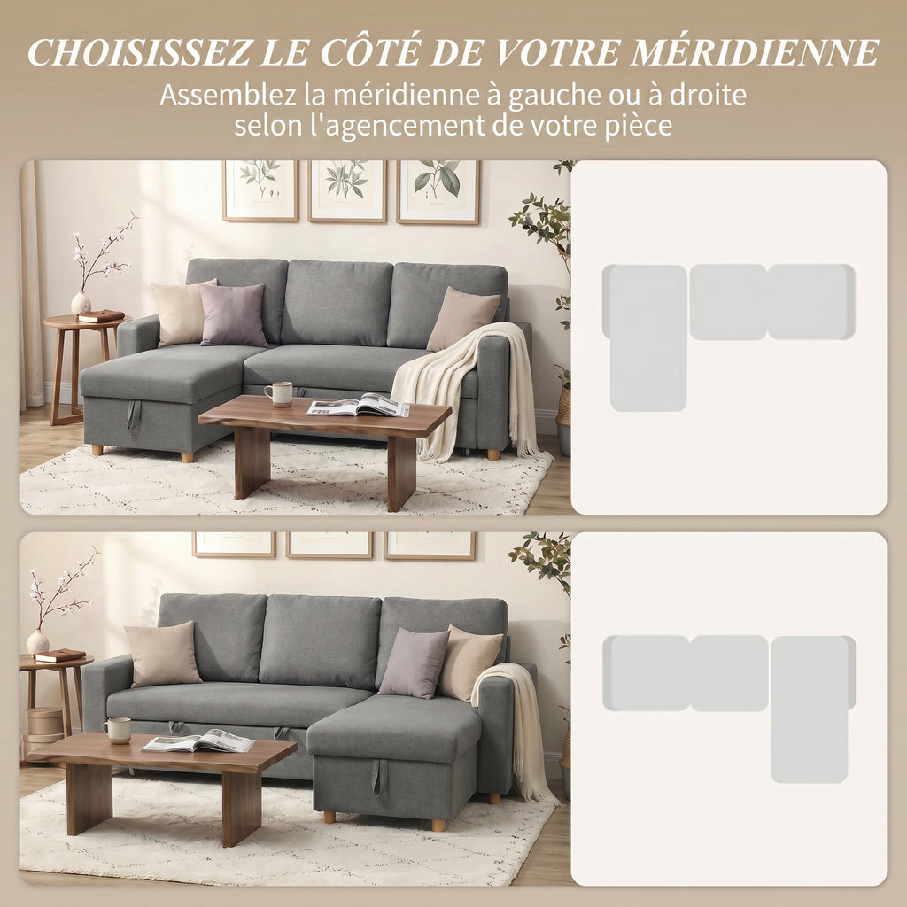 Canapé d'angle convertible canapé lit canapé 3 places modulable avec méridienne réversible, coffre de rangement intégré et 3 coussins de dossier, tissu aspect lin, gris-4
