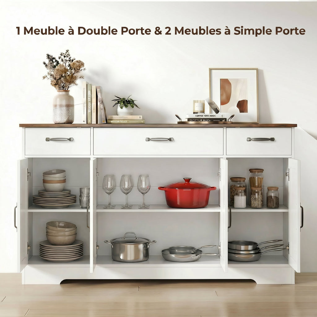 Buffet, meuble de rangement cuisine style ferme avec 4 portes de grange, 3 tiroirs, étagères ajustables, blanc-3