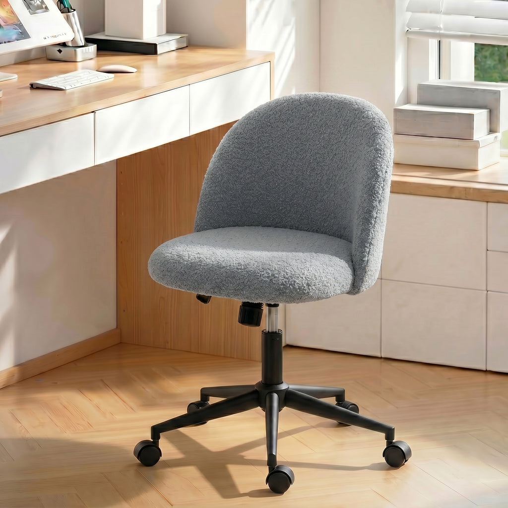 Chaise de Bureau Pivotante en Fourrure Teddy, Hauteur Réglable, Roulettes, Mousse Haute Résilience, Gris-1