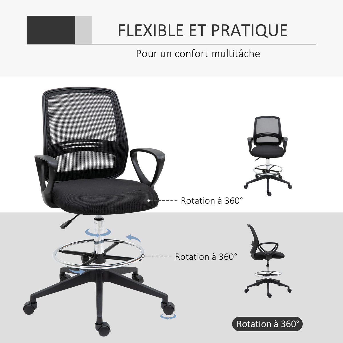 Fauteuil de bureau chaise de bureau assise haute réglable tabouret de bureau pivotant 360° maille respirante-6