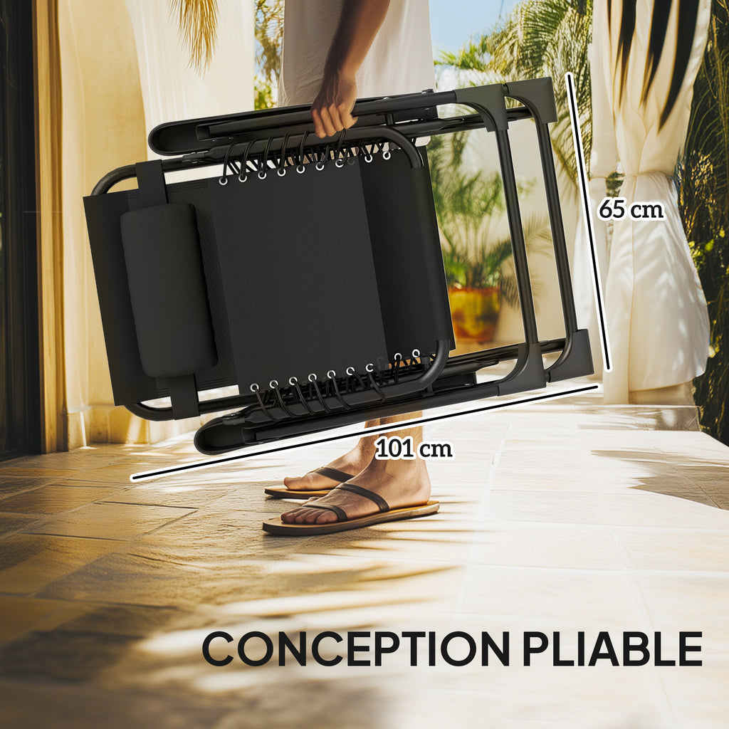 Lot de 2 chaise longue pliable et inclinable avec table d'appoint, porte-gobelets et appuie-têtes, charge 120 kg, noir-6