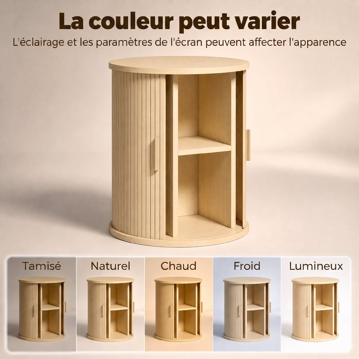 Table de Chevet, Table de Nuit Ronde Cannelée avec Porte Coulissante, pour Chambre à Coucher, Salon, 40x40x50cm, Chêne-6