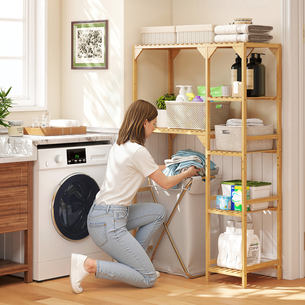Étagère au-dessus de Machine à Laver en Bambou, Meuble de Salle de Bain Moderne avec Étagères Réversibles, Bois Naturel-7