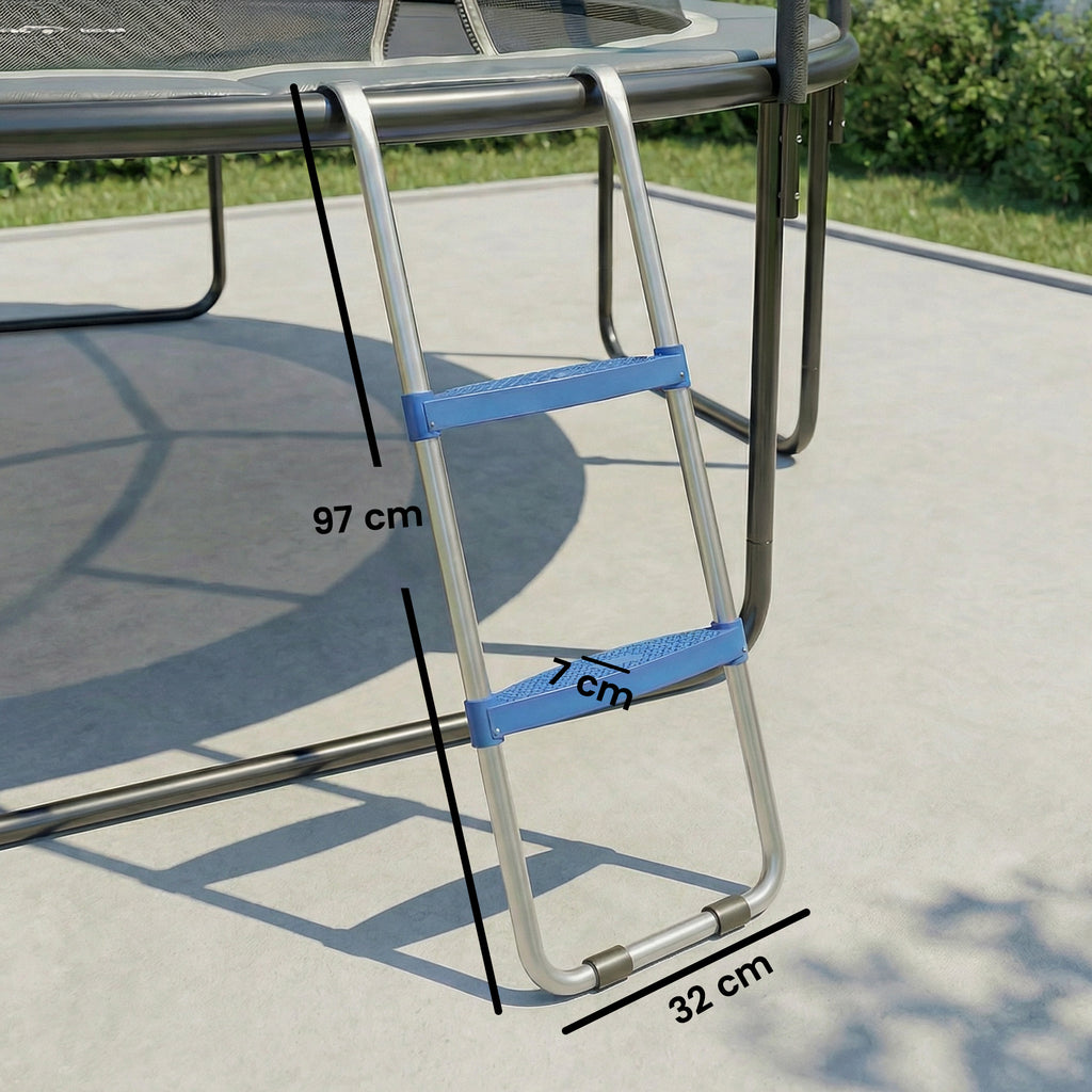 Échelle de Trampoline 2 Marches Larges avec Crochet Universel, Cadre en Acier Galvanisé, Charge 150 kg, 97x32x7 cm, Bleu-2
